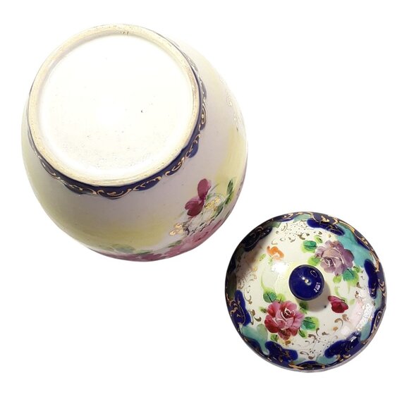 Vintage Hand-Painted Porcelain Floral Biscuit Jar with Lid Cobalt Blue Roses - Picture 6 of 8